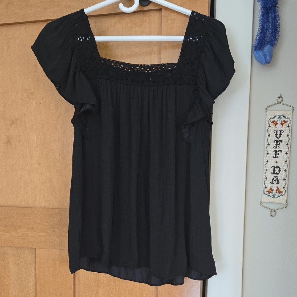 Rachel Zoe Black Square-Neck Eyelet Ruffle Sleeve Blouse
